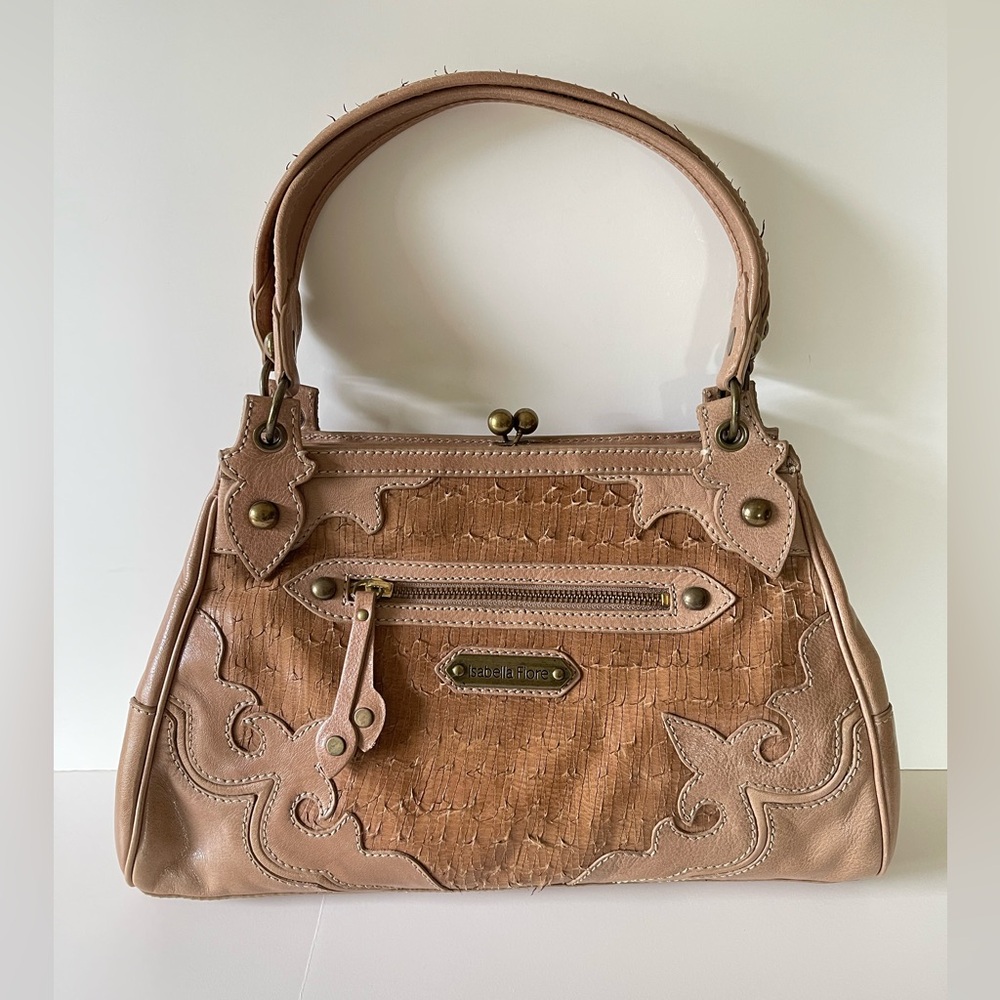 Isabella Fiore Handbag Beige Tan Leather Western Studded Textured Double Handle